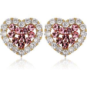 Women's Pink Clear Crystal Cute Heart Stud Gold Plated Lightweight Earrings